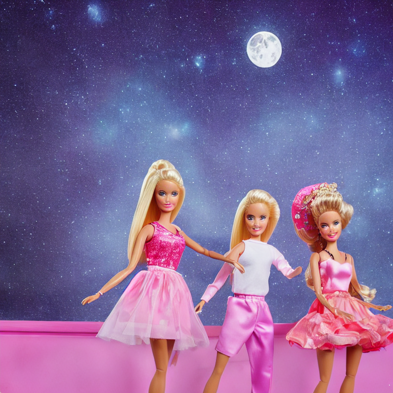 barbie and ken are dancing in the pink barbie dream house under the stars and moon