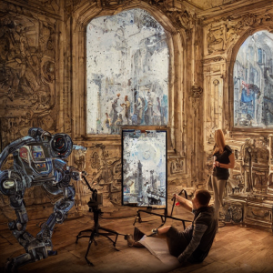 AI robot is drawing an art painting in a old castle room with a big window
