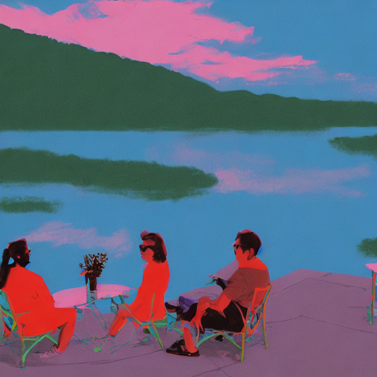 two people chatting in foreign language next to a lake with tiffany blue sky