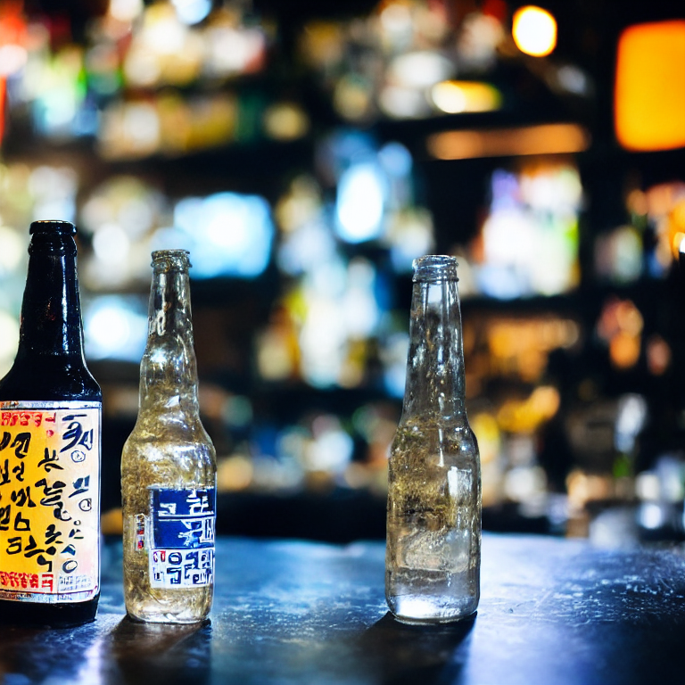 a bottle of soju and beer on the metal table in a jazz bar in seoul