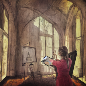 AI drawing an art painting in a old castle room with a big window