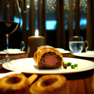 A WELLINGTON BEEF ON A WOOD TABLE WITH A GLASS OF RED WINE IN A 5 STAR RESTAURANT IN NEW YORK