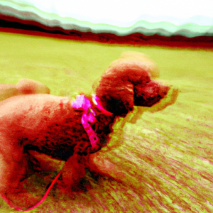 一隻穿著紅色外套的小狗在草地上奔跑