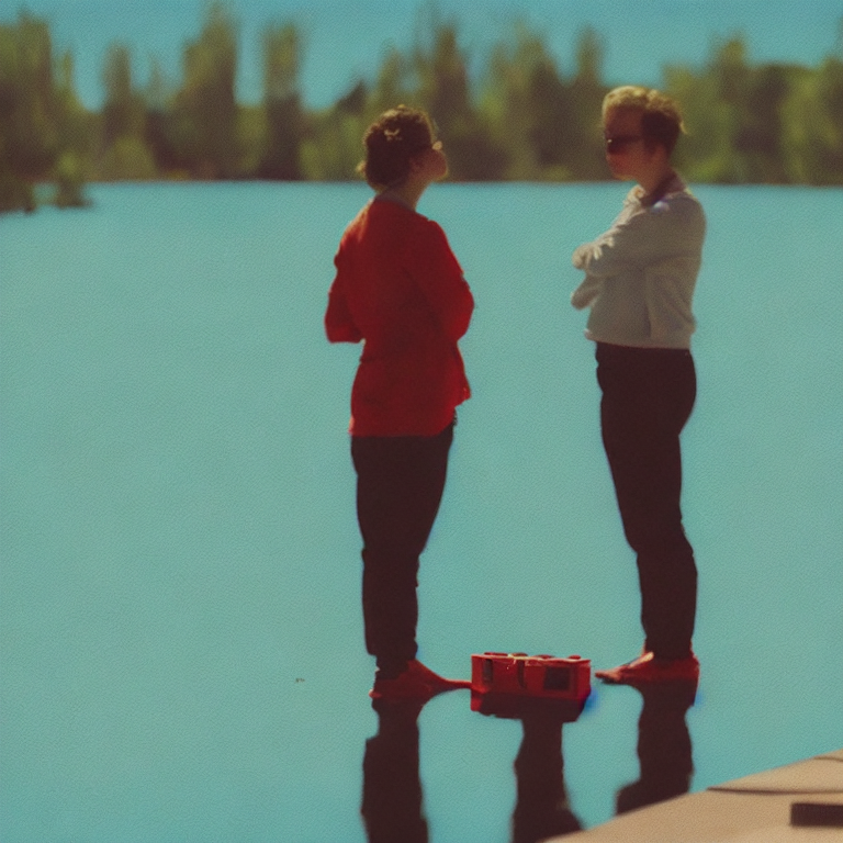 two people chatting in foreign language next to a lake with tiffany blue sky