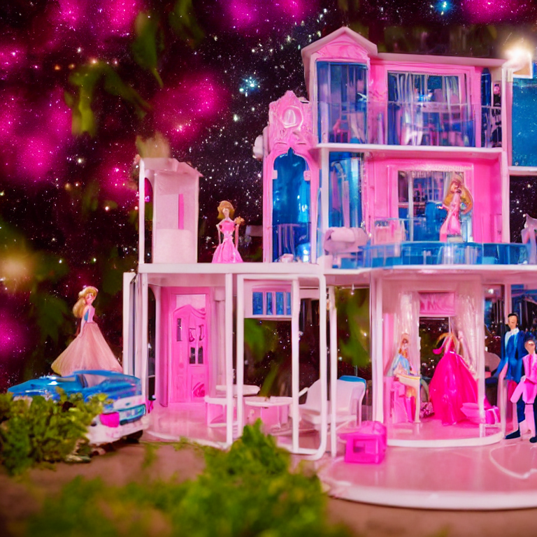 barbie and ken are dancing in the pink barbie dream house under the stars