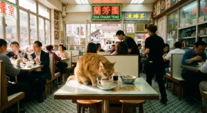 一隻在香港茶餐廳喝奶茶的貓