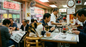 一隻在香港茶餐廳喝奶茶的貓