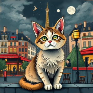 Write a vivid story about a cat's adventures in Paris. Focus on the feline's interactions with various iconic landmarks, its mischievous antics in charming cafes, and the captivating characters it encounters along the Seine. Explore the cat's thoughts and feelings as it navigates through the bustling city, capturing the essence of Parisian life from a unique, four-legged perspective.