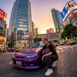 A low-angle, wide-lens street shot in a bustling cityscape (similar to Shibuya, Tokyo). A young woman crouches confidently beside a modified, glossy purple sports car with a Japanese license plate. She wears a black graphic tee, cargo pants, white sneakers, and silver jewelry. The background features tall glass skyscrapers, colorful billboards, neon signage, and warm late-afternoon lighting. Strong perspective distortion emphasizes the height of the buildings and the car’s aggressive stance. The mood is stylish, bold, and modern, capturing urban automotive culture with a cinematic, hyper-real aesthetic. High detail, high contrast, crisp reflections, editorial fashion vibe, dynamic street energy.