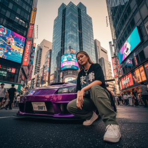 A low-angle, wide-lens street shot in a bustling cityscape (similar to Shibuya, Tokyo). A young woman crouches confidently beside a modified, glossy purple sports car with a Japanese license plate. She wears a black graphic tee, cargo pants, white sneakers, and silver jewelry. The background features tall glass skyscrapers, colorful billboards, neon signage, and warm late-afternoon lighting. Strong perspective distortion emphasizes the height of the buildings and the car’s aggressive stance. The mood is stylish, bold, and modern, capturing urban automotive culture with a cinematic, hyper-real aesthetic. High detail, high contrast, crisp reflections, editorial fashion vibe, dynamic street energy.