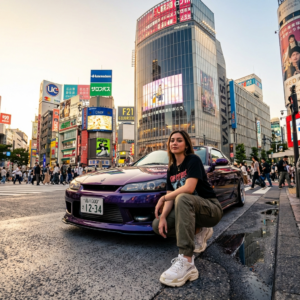 A low-angle, wide-lens street shot in a bustling cityscape (similar to Shibuya, Tokyo). A young woman crouches confidently beside a modified, glossy purple sports car with a Japanese license plate. She wears a black graphic tee, cargo pants, white sneakers, and silver jewelry. The background features tall glass skyscrapers, colorful billboards, neon signage, and warm late-afternoon lighting. Strong perspective distortion emphasizes the height of the buildings and the car’s aggressive stance. The mood is stylish, bold, and modern, capturing urban automotive culture with a cinematic, hyper-real aesthetic. High detail, high contrast, crisp reflections, editorial fashion vibe, dynamic street energy.