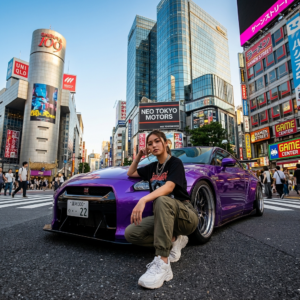 A low-angle, wide-lens street shot in a bustling cityscape (similar to Shibuya, Tokyo). A young woman crouches confidently beside a modified, glossy purple sports car with a Japanese license plate. She wears a black graphic tee, cargo pants, white sneakers, and silver jewelry. The background features tall glass skyscrapers, colorful billboards, neon signage, and warm late-afternoon lighting. Strong perspective distortion emphasizes the height of the buildings and the car’s aggressive stance. The mood is stylish, bold, and modern, capturing urban automotive culture with a cinematic, hyper-real aesthetic. High detail, high contrast, crisp reflections, editorial fashion vibe, dynamic street energy.