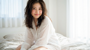 [Subject]: Young Asian female with "Imada Mio-inspired" doll-like aesthetic (精緻洋娃娃臉). She has large round expressive eyes, a small V-line face, and rosy cheeks. Her expression is innocent, energetic, and slightly flirty. [Hair]: Messy morning hair (剛睡醒的凌亂感), long dark brown hair, slightly tousled, natural volume. [Outfit]: Wearing an oversized translucent white button-down shirt (男友風白襯衫), unbuttoned at the top to reveal collarbones, creating a "bottomless" look (下衣失蹤風格). [Style]: Japanese Gravure Photobook style (寫真集風格), Pure & Sexy vibe, bright high-key lighting, soft skin texture, Fujifilm PRO 400H color tone.