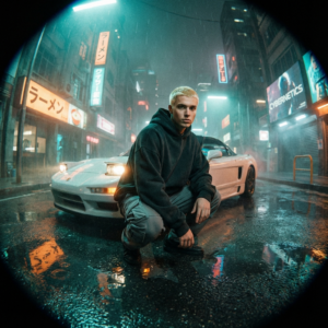 A young person with short blonde hair squatting confidently in front of a white sports car on a wet city street at night. Captured with a wide-angle fisheye lens for dramatic distortion. Neon signs, Japanese billboards, and glowing city lights reflect on the wet pavement. Moody, cyberpunk-inspired atmosphere with light rain and soft reflections. Casual streetwear—oversized dark sweatshirt, loose grey pants, worn sneakers. Background filled with vibrant nightlife, blurred car headlights, and bustling urban energy. High contrast, teal-orange tones, cinematic depth, film grain, atmospheric haze, shallow depth of field, 35mm film look, poster-style composition, ultra-realistic lighting.