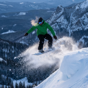 A dynamic, ultra-realistic action shot of a snowboarder performing a high-air jump on a snowy mountain slope. The rider wears a bright green winter jacket, black snow pants, gloves, and a dark beanie, with reflective goggles catching the cold mountain light. A cloud of visible breath escapes from the rider’s mouth in the freezing air. Snow explodes upward from the snowboard, creating sharp, frozen particles suspended mid-air. The background features a dramatic high-altitude landscape with forested slopes and distant mountains under soft, cold blue lighting. Capture cinematic contrast, DSLR realism, 85mm lens, f/2.8, crisp details, slow-motion energy, dynamic composition, atmospheric depth, high-clarity sports photography.