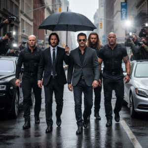 Create a photorealistic and highly detailed image featuring the attached image walking confidently down a modern city street, accompanied by Jason Statham, Dwayne “The Rock” Johnson, and Jason Momoa acting as bodyguards.

John Wick (Keanu Reeves) is walking just beside or slightly behind the subject, holding an umbrella over him to shield from light rain.

The subject should be the central figure, wearing stylish casual clothing — like a fitted jacket, dark jeans, and sunglasses — exuding calm authority and cool charisma.

Statham, The Rock, and Momoa are dressed in black tactical-style suits, maintaining alert, protective stances, scanning the surroundings like professional bodyguards. John Wick wears his signature black suit and tie, looking composed as he holds the umbrella.

The setting is a downtown urban street with wet pavement reflecting city lights, parked luxury cars, and paparazzi in the background snapping photos.

The photo should look like a real paparazzi shot — slightly off-angle, mid-step motion blur, with realistic lighting and reflections.

Lighting: natural daylight with overcast skies, reflections from wet concrete, realistic shadows, subtle raindrops on the umbrella and clothing.

Camera realism: crisp detail on facial features and clothing textures, shallow depth of field emphasizing the group, with lens flare or light bloom for authenticity.

Mood & tone: grounded, cinematic, and stylish — feels like a moment from a celebrity entourage photo or action-movie press capture, taken with an iPhone by paparazzi.

Style: ultra-realistic, documentary-style street photography with modern cinematic sharpness.