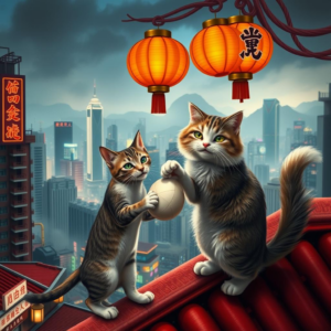 Create a detailed, artistic scene featuring two lively cats playfully interacting amidst a vibrant Hong Kong cityscape. One cat is a sleek, short-haired tabby with striking green eyes, and the other is a fluffy, white cat with a playful, mischievous expression. They are perched on a traditional red-tiled rooftop overlooking the bustling city below. The background shows iconic Hong Kong skyscrapers, neon signs glowing in Chinese characters, and the misty silhouette of Victoria Peak at dusk. Lanterns hang above, casting a warm light on the cats as they bat a paper ball between them. The atmosphere blends urban energy with a touch of whimsical charm, emphasizing intricate architectural details, reflections on wet streets, and a lively, cinematic color palette. Realistic lighting, dynamic poses, and a sense of joyful motion bring the scene to life.