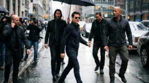 Create a photorealistic and highly detailed image featuring the attached image walking confidently down a modern city street, accompanied by Jason Statham, Dwayne “The Rock” Johnson, and Jason Momoa acting as bodyguards.
John Wick (Keanu Reeves) is walking just beside or slightly behind the subject, holding an umbrella over him to shield from light rain.
The subject should be the central figure, wearing stylish casual clothing — like a fitted jacket, dark jeans, and sunglasses — exuding calm authority and cool charisma.
Statham, The Rock, and Momoa are dressed in black tactical-style suits, maintaining alert, protective stances, scanning the surroundings like professional bodyguards. John Wick wears his signature black suit and tie, looking composed as he holds the umbrella.
The setting is a downtown urban street with wet pavement reflecting city lights, parked luxury cars, and paparazzi in the background snapping photos.
The photo should look like a real paparazzi shot — slightly off-angle, mid-step motion blur, with realistic lighting and reflections.
Lighting: natural daylight with overcast skies, reflections from wet concrete, realistic shadows, subtle raindrops on the umbrella and clothing.
Camera realism: crisp detail on facial features and clothing textures, shallow depth of field emphasizing the group, with lens flare or light bloom for authenticity.
Mood & tone: grounded, cinematic, and stylish — feels like a moment from a celebrity entourage photo or action-movie press capture, taken with an iPhone by paparazzi.
Style: ultra-realistic, documentary-style street photography with modern cinematic sharpness.