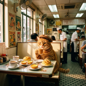 A whimsical, artistic scene set in a classic Hong Kong cha chaan teng (茶餐廳): A charming cat sits comfortably at a small table, elegantly sipping a traditional Hong Kong-style milk tea from a delicate glass. The cat's fur is soft and expressive, and its posture is relaxed yet attentive, suggesting it is a regular at the tea shop. The restaurant interior is bustling yet cozy, adorned with retro posters, old ceiling fans, patterned floor tiles, and Formica tables reflecting the local culture. Sunlight streams through the window, casting warm highlights on the cat and creating a vivid play of shadows. Details include steaming milk tea cups, egg tarts and pineapple buns on the table, and waiters in classic uniforms moving in the background. The overall color palette is rich and atmospheric, blending nostalgia with the lively charm of Hong Kong.