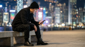 Prompt:

Use my image upload (keep original face) I wearing a black beanie, a black jacket, black pants, and black boots, holding a phone in his hand. He is sitting on a low wall or bench outdoors at night, with blurry city lights in the background creating a bokeh effect.