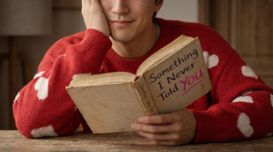 Prompt:
Use my image in Ultra-realistic, hyper-detailed, 8K cinematic portrait of a young stylish man, using the uploaded image for exact face and hairstyle.
Outfit: An oversized red knit sweater with white hearts, exactly as described in the prompt.
Pose: A hyper-realistic close-up portrait with a messy, cropped framing showing only the boy holding the book. His left hand rests on the wooden table and covers part of his cheek, with a subtle smile on his lips. His other hand holds the book titled "Something I Never Told You" with the word "YOU" written in pink, exactly as
described in the prompt. Background: Not specified.