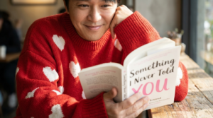 Prompt:
Use my image in Ultra-realistic, hyper-detailed, 8K cinematic portrait of a young stylish man, using the uploaded image for exact face and hairstyle.
Outfit: An oversized red knit sweater with white hearts, exactly as described in the prompt.
Pose: A hyper-realistic close-up portrait with a messy, cropped framing showing only the boy holding the book. His left hand rests on the wooden table and covers part of his cheek, with a subtle smile on his lips. His other hand holds the book titled "Something I Never Told You" with the word "YOU" written in pink, exactly as
described in the prompt. Background: Not specified.