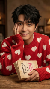 Prompt:
Use my image in Ultra-realistic, hyper-detailed, 8K cinematic portrait of a young stylish man, using the uploaded image for exact face and hairstyle.
Outfit: An oversized red knit sweater with white hearts, exactly as described in the prompt.
Pose: A hyper-realistic close-up portrait with a messy, cropped framing showing only the boy holding the book. His left hand rests on the wooden table and covers part of his cheek, with a subtle smile on his lips. His other hand holds the book titled "Something I Never Told You" with the word "YOU" written in pink, exactly as
described in the prompt. Background: Not specified.