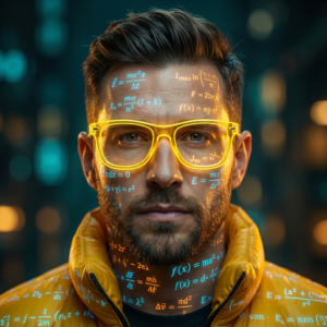 A hyper-realistic portrait of a man wearing bright yellow neon glasses, his face illuminated with glowing mathematical formulas and physics equations. Warm golden light reflects from his glasses onto his skin. The man has a serious, intelligent expression, short styled hair, and a trimmed beard. His yellow puffer jacket also glows with floating equations and symbols, giving a futuristic holographic effect. Dark teal bokeh lights in the background create depth and contrast. Ultra-detailed skin texture, cinematic lighting, sharp focus, high-contrast neon glow, sci-fi aesthetic, 8K, volumetric light, depth of field, crisp reflections.