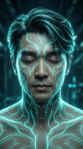 A futuristic humanoid male with eyes closed, illuminated by glowing turquoise bio-energy lines flowing across his face, hair, and upper body. Ultra-detailed anatomical light patterns resembling neural circuits and energy veins. Soft volumetric rim-lighting, dark sci-fi background, ethereal glow, hyper-realistic skin texture, holographic aura. High-definition digital art, surreal yet serene expression, sleek hair highlighted by luminous strands. Cinematic lighting, 8K resolution, ultra-sharp, moody and atmospheric composition.