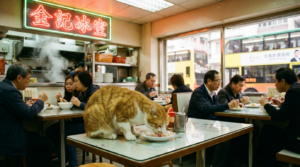 一隻在香港茶餐廳喝奶茶的貓