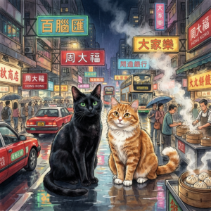Highly detailed, artistic illustration of two cats sitting together on the bustling Nathan Road in Hong Kong. One cat is a sleek black feline with emerald green eyes, the other is a fluffy ginger tabby with white paws. They are perched near the neon-lit storefronts and glowing billboards, surrounded by vibrant city life: crowds of people, bright taxis, and street vendors selling local food. The scene is alive with colorful reflections on rain-slicked pavement, atmospheric mist, and dramatic lighting from neon signs in Chinese characters. The artistry should blend urban realism with a touch of whimsical charm, focusing on the cats' expressive faces and the dynamic ambiance of Nathan Road at night.