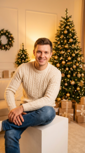 Create a hyper-realistic 8K close-up body portrait of a female model, using the uploaded photo as the exact facial reference. Maintain 100% accuracy of the facial features — do not alter or modify any aspect of the face. Render the skin texture, lighting, and overall composition with photo-realistic detail, ensuring lifelike color tones and natural depth of field. A man with his original hair is sitting casually on a white cube, smiling warmly at the camera. He is wearing a cream-colored cable-knit sweater, blue jeans, and brown loafers. His legs are crossed, with one hand resting on his knee.
The background reveals a cozy and festive living room. A large, beautifully decorated Christmas tree with numerous warm lights and gold ornaments stands prominently behind him. Several wrapped gift boxes are visible at the base of the tree. To his left, another smaller decorated Christmas tree and a wreath on the wall further enhance the holiday atmosphere. The lighting is soft and inviting, creating a warm and welcoming scene.