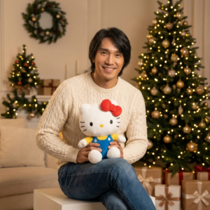 The man holding a hello kitty doll