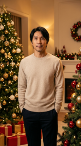 Create a hyper-realistic 8K close-up body portrait of a male model, using the uploaded photo as the exact facial reference. Maintain 100% accuracy of the facial features — do not alter or modify any aspect of the face. Render the skin texture, lighting, and overall composition with photo-realistic detail, ensuring lifelike color tones and natural depth of field. A man with his original hairstyle, he is standing confidently, hands in his pockets, looking directly at the camera. He is wearing a simple, light beige crew-neck sweater and dark trousers.
He is positioned between two decorated Christmas trees. The tree to his left is adorned with gold and white ornaments and warm lights, with wrapped red and gold gifts visible at its base. The tree to his right is decorated with red and gold ornaments. The background shows a warm, indoor setting, likely a home, with soft lighting, creating a festive and inviting atmosphere. The overall impression is one of relaxed holiday cheer.