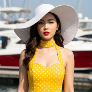Use the original face exactly as it is, without changing a details. A female model with sharp features, defined cheekbones, and intense, direct eye contact (though eyes are slightly in shadow from the hat).
• Aesthetic: Vintage fashion, Pin-up, 1950s/1960s style, high-glamour, summer resort wear.
• Lighting: Bright, harsh sunlight creating high contrast and crisp shadows. The light should perfectly illuminate the skin and the vibrant colors of the dress.
• Color Palette: Dominated by vibrant yellow, crisp white, and bold red, accented by deep black.
Specific Outfit & Details:
• Dress: A bright yellow halter-neck sundress with a classic white polka-dot pattern. It has a fitted, sweetheart neckline or bustier-style top that enhances the silhouette.
• Accessories:
• A very large, wide-brimmed sun hat in crisp white (or light straw/fabric) that casts a shadow over the upper face.
• A matching yellow polka-dot scarf tied closely around the neck (like an ascot or choker-style).
• Large, striking black statement earrings (circular, drop, or bead style).
• Bold red lipstick is a key feature, contrasting sharply with the yellow and white.
Technical/Camera Details:
• Shot: Close-up or medium-close-up portrait, focusing on the torso, neckline, face, and hat.
• Depth of Field: Shallow (low f-stop), with the model in sharp focus and the background slightly blurred (bokeh).
• Background: Out-of-focus, suggesting a bright outdoor location, with abstract shapes of boats/yachts (white and red accents visible) in a marina setting.