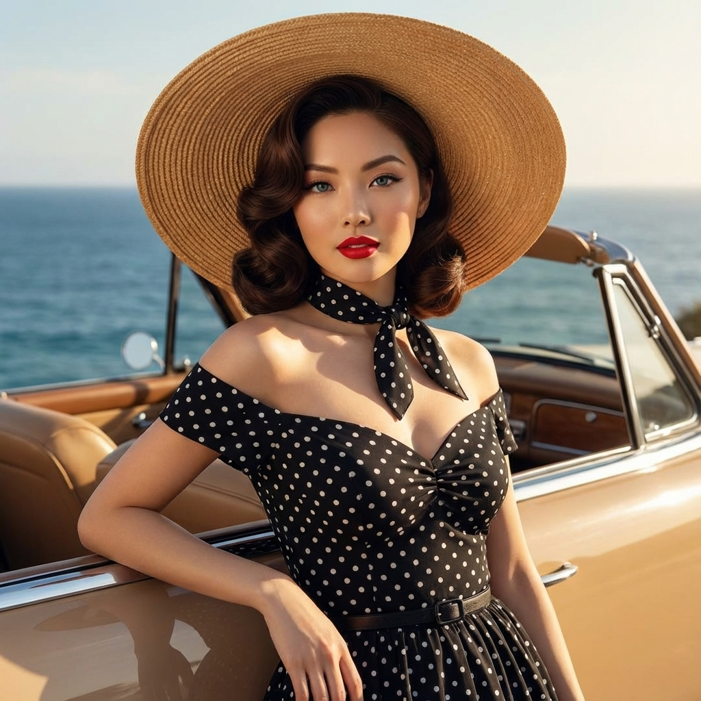 Use the original face exactly as it is, without changing a details. A hyper-realistic, highly detailed portrait of a beautiful woman in a 1950s/Pin-Up style, evoking the essence of a classic Hollywood starlet on a glamorous vacation.
• Subject: A stunning young woman with a classic Pin-Up aesthetic (think 1950s movie star).
• Facial Features: Striking blue/green eyes, perfectly arched eyebrows, and classic makeup featuring bright red lipstick. Her expression is captivating and seductive.
• Hair & Hat: Long, voluminous, deep brown hair styled in soft, glamorous waves/curls. She is wearing a very large, wide-brimmed straw hat that casts a soft shadow on her face.
• Attire: A chic, form-fitting black dress with white polka dots. The dress has an off-the-shoulder, sweetheart neckline bodice that cinches at the waist with a thin black belt. She is also wearing a black scarf with white polka dots tied around her neck like an ascot.
• Setting & Context: The background suggests a sunny, coastal location with a deep blue ocean/sea visible behind her. She is leaning seductively against the tan/brown, polished hood or door of a classic vintage convertible car.
• Style/Vibe: Vintage glamour, 1950s Hollywood, high-fashion editorial.