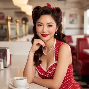 Use the original face exactly as it is, without changing a details. A stunning, highly detailed portrait of a beautiful young woman styled in a classic 1940s/1950s pin-up/rockabilly aesthetic.
👩 Character Details
• Expression: Confident, warm, and inviting smile with a direct gaze toward the viewer.
• Makeup: Flawless skin, bold red lipstick, defined eyebrows, classic winged black eyeliner, and a subtle rosy blush.
• Hair: Dark brown, perfectly styled into voluminous, glossy victory rolls and soft, structured waves.
• Accessories: A small red and white polka-dot bow tied into her hair, a simple, elegant strand of pearl beads around her neck, and delicate dangle pearl earrings.
👗 Outfit
• A sleeveless, low-cut red dress with a white polka-dot pattern. The neckline features white trim (or a white inset) and a ruffled edge along the shoulders/bodice. The white trim is visible in the cleavage area.
📍 Setting & Environment
• Location: An indoor setting resembling a classic American diner or café with a retro ambiance.
• Background: The background is slightly blurred (shallow depth of field), featuring deep red booth seating and white/grey counter areas and subtle gold/brass accents. Other patrons are indistinctly visible in the background.
• Foreground: The woman is seated at a table or counter, leaning slightly forward with her chin resting on her hand. A white coffee cup and saucer is visible in the lower left corner.
🎨 Style & Quality
• Lighting: Soft, flattering, warm studio lighting that highlights her features and the glossy texture of her hair.
• Art Style: Hyper-realistic, high-resolution digital painting or photography, with sharp focus on the woman.
• Composition: Close-up to mid-torso portrait shot.
