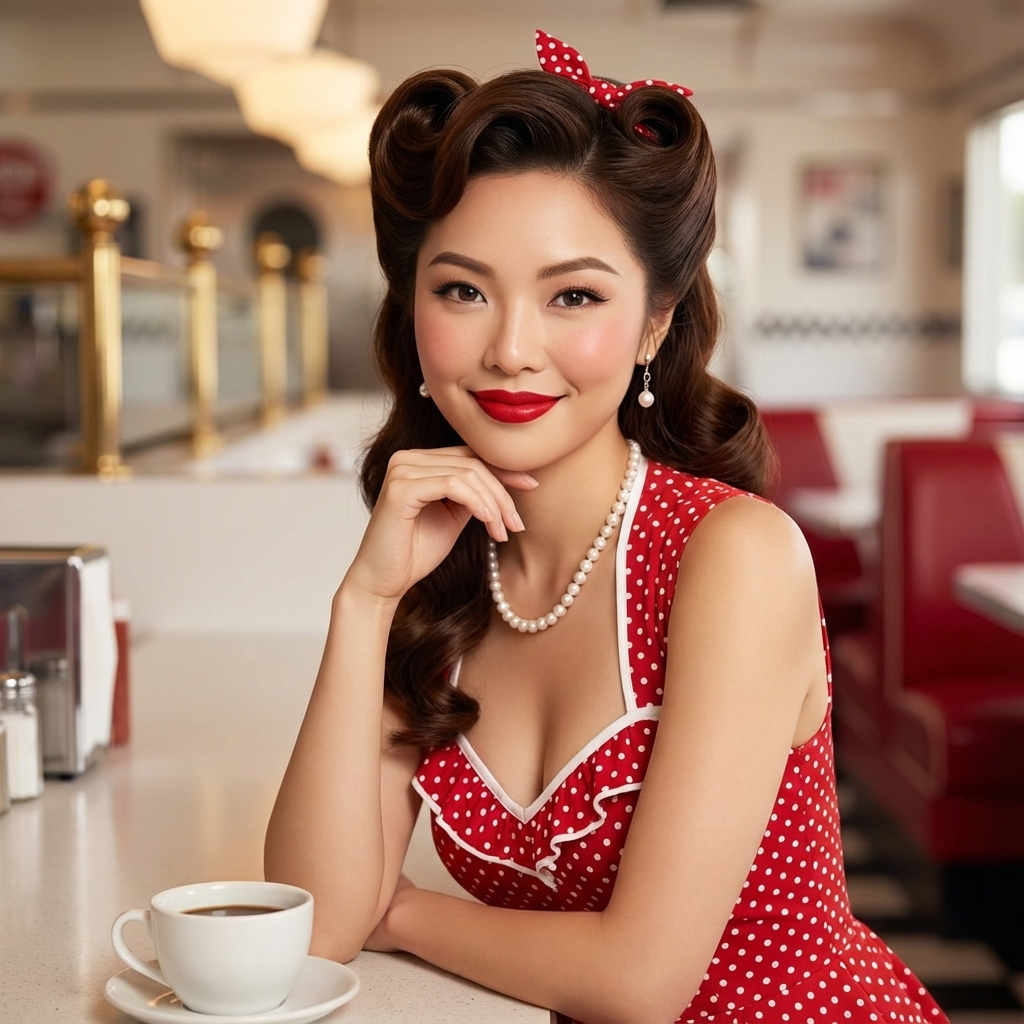 Use the original face exactly as it is, without changing a details. A stunning, highly detailed portrait of a beautiful young woman styled in a classic 1940s/1950s pin-up/rockabilly aesthetic.
👩 Character Details
• Expression: Confident, warm, and inviting smile with a direct gaze toward the viewer.
• Makeup: Flawless skin, bold red lipstick, defined eyebrows, classic winged black eyeliner, and a subtle rosy blush.
• Hair: Dark brown, perfectly styled into voluminous, glossy victory rolls and soft, structured waves.
• Accessories: A small red and white polka-dot bow tied into her hair, a simple, elegant strand of pearl beads around her neck, and delicate dangle pearl earrings.
👗 Outfit
• A sleeveless, low-cut red dress with a white polka-dot pattern. The neckline features white trim (or a white inset) and a ruffled edge along the shoulders/bodice. The white trim is visible in the cleavage area.
📍 Setting & Environment
• Location: An indoor setting resembling a classic American diner or café with a retro ambiance.
• Background: The background is slightly blurred (shallow depth of field), featuring deep red booth seating and white/grey counter areas and subtle gold/brass accents. Other patrons are indistinctly visible in the background.
• Foreground: The woman is seated at a table or counter, leaning slightly forward with her chin resting on her hand. A white coffee cup and saucer is visible in the lower left corner.
🎨 Style & Quality
• Lighting: Soft, flattering, warm studio lighting that highlights her features and the glossy texture of her hair.
• Art Style: Hyper-realistic, high-resolution digital painting or photography, with sharp focus on the woman.
• Composition: Close-up to mid-torso portrait shot.