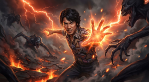 A fierce young boy with short, curly hair stands in an action pose, reaching his hand forward as if unleashing a powerful psychic force. Bright orange energy radiates from his outstretched hand, illuminating her determined expression. he wears a patterned shirt reminiscent of 1980s fashion. Dark, monstrous creatures with elongated limbs and sharp teeth surround his, emerging from swirling smoke and fiery cracks in the environment. The entire scene glows with dramatic orange and red lightning-like streaks, creating an intense, supernatural atmosphere. Highly detailed digital painting, cinematic lighting, dynamic composition, epic fantasy-horror style, dramatic shadows, glowing embers, poster-quality artwork
