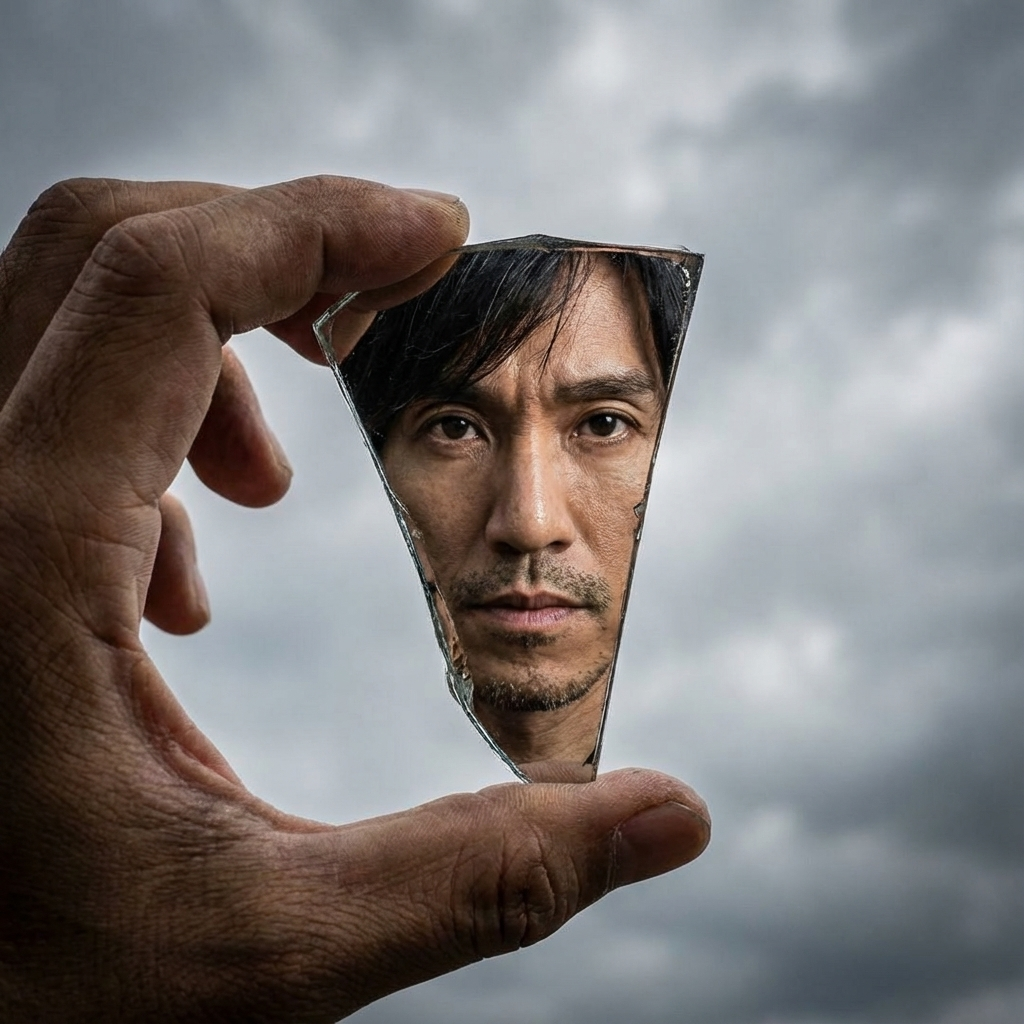 A hand holding a broken mirror piece with a man's face reflected in it against a cloudy sky background. The mirror piece is jagged and held up by fingers, showing the man's close-up face with stubble and piercing eyes 
100% use my upload reference image image generate