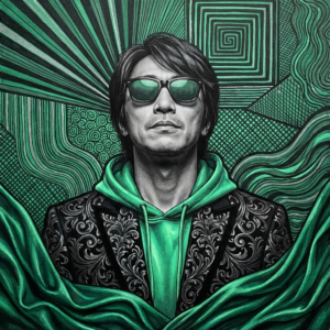 Stylised portrait in emerald green and charcoal black palette. Grayscale realism for subject, upward gaze. Sunglasses with muted emerald reflective lenses. Jacket with ornate baroque/filigree black designs, emerald hood underneath. Textured emerald-green fabric draped below. Background: dense, overlapping hand-inked patterns in emerald, charcoal, and subtle silver — radiating lines, geometric shapes, spirals, parallel contour textures, crosshatching, organic waves, dots. Bold contrast, deep blacks, glowing emerald accents. Mixed-media pop realism. Negative prompt: no cartoon, no art style, no painting, no drawings.