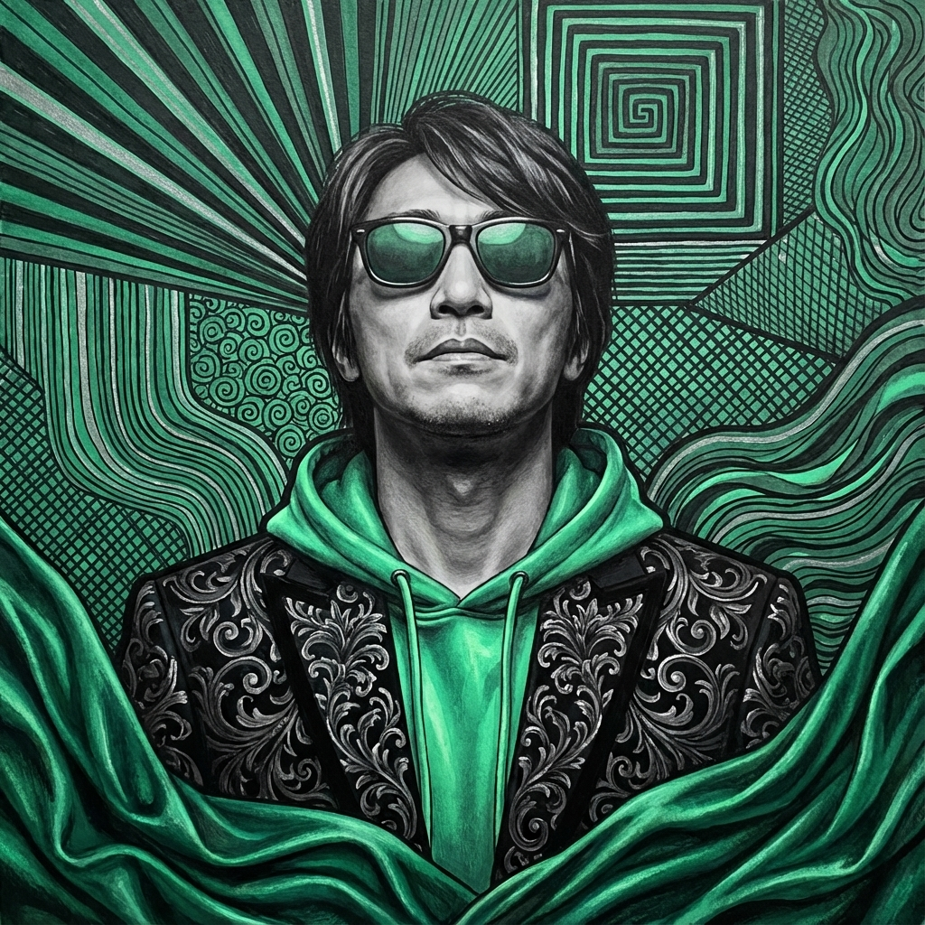 Stylised portrait in emerald green and charcoal black palette. Grayscale realism for subject, upward gaze. Sunglasses with muted emerald reflective lenses. Jacket with ornate baroque/filigree black designs, emerald hood underneath. Textured emerald-green fabric draped below. Background: dense, overlapping hand-inked patterns in emerald, charcoal, and subtle silver — radiating lines, geometric shapes, spirals, parallel contour textures, crosshatching, organic waves, dots. Bold contrast, deep blacks, glowing emerald accents. Mixed-media pop realism. Negative prompt: no cartoon, no art style, no painting, no drawings.