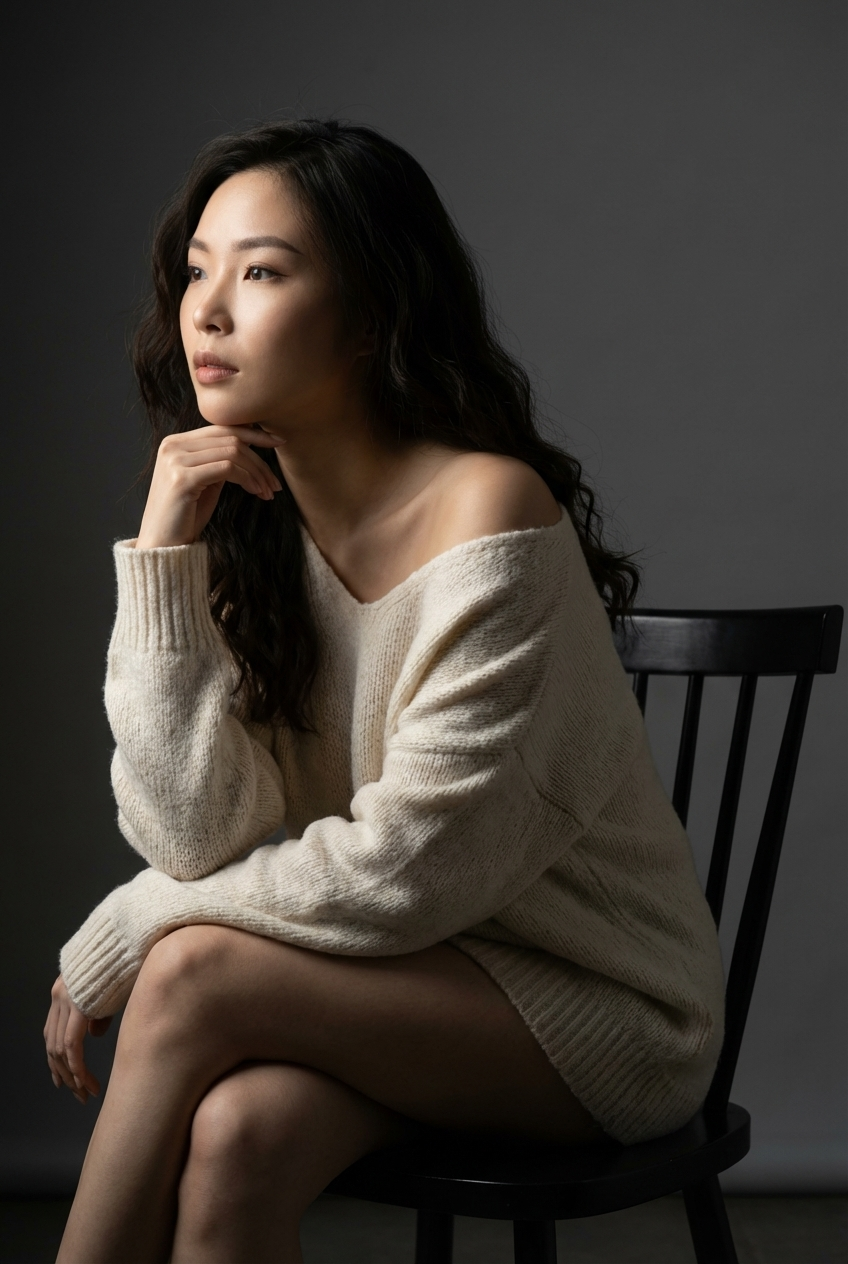Generate an ultra-realistic, highly ultra-detailed, 8k resolution with 1080x1080 pixel portrait of me using the uploaded image for reference (preserved the likeness and the original face for reference) of a striking, high-resolution portrait of a young woman with long, flowing wavy brunette hair, seated gracefully on a simple black wooden chair in a dimly lit studio. She wears an oversized, off-white knitted sweater that drapes loosely over her frame, slipping off one shoulder to reveal smooth skin and add a subtle touch of sensuality. Her pose is elegant and contemplative: one arm rests gently on the chair’s backrest while her hand delicately supports her chin, and her gaze is directed thoughtfully toward the side, creating an intimate and introspective mood. The lighting is expertly crafted with a single soft, directional light source positioned to the side, casting gentle shadows that sculpt her form and highlight the texture of the knitwear and the natural contours of her legs and arms. This chiaroscuro effect enhances the depth and dimensionality of the image, emphasizing the softness of her skin and the intricate weave of the sweater. The background is a smooth, muted dark gray, providing a minimalist and distraction-free backdrop that contrasts beautifully with her light-colored apparel and warm skin tones. *** The composition is a full-body vertical frame that captures the model’s seated posture with perfect balance, positioning her slightly off-center to create visual interest and harmony. The overall color palette is subdued and warm, featuring neutral tones that evoke a sense of calm and understated elegance. The image is impeccably sharp, showcasing fine details such as the delicate waves of her hair, the subtle folds in the fabric, and the natural texture of her skin. The style is classic and timeless, blending modern minimalism with emotive portraiture to convey quiet strength, beauty, and introspection.

➖Additional details:
- Negative Prompt: cartoon, 3d render, cgi,a low poly, painting, drawing, sketch, anime, deformed, bad anatomy, mutated hands, extra limbs, low quality, blurry, artifacts, plastic skin, out of frame, out of focus, wrong spelling, rumble letters, missing letter, blurry letter, blurry face, lowres, pixelated, jpeg artifacts, repeated face and repeated word.