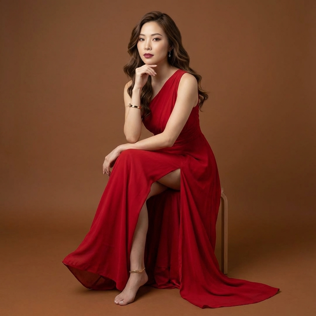 Generate an ultra-realistic, highly ultra-detailed, 8k resolution with 1080x1080 pixel portrait of me using the uploaded image for reference (preserved the likeness and the original face for reference) of a captivating studio portrait of a woman with long, wavy brown hair, seated gracefully on a stool in a thoughtful pose. She is wearing a long, flowing red gown with a one-shoulder design and a thigh-high slit, exuding elegance and sophistication. Her head is slightly tilted, with one hand gently resting on her chin. One leg is slightly extended, revealing a delicate ankle bracelet. Her makeup is polished and natural, featuring defined eyebrows, subtle eyeshadow, mascara, and a berry-toned lipstick. She wears delicate earrings and a gold bracelet that add a touch of sparkle to her overall look. The lighting is soft and diffused, creating a warm and flattering effect that emphasizes her beauty and the flowing lines of the gown. The background is a plain, brown, providing a warm and neutral backdrop. *** The composition is a full shot, capturing her from head to toe, framed vertically to accentuate her height and the flowing lines of the gown. The model is positioned in the center of the frame, creating a balanced and harmonious composition. The overall style is classic, elegant, and timeless, reminiscent of portrait photography, evoking a sense of grace, sophistication, and enduring beauty.