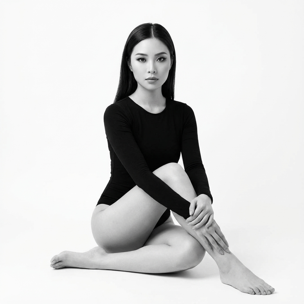 Generate an ultra-realistic, highly ultra-detailed, 8k resolution with 1080x1080 pixel portrait of me using the uploaded image for reference (preserved the likeness and the original face for reference) of a striking, ultra-sharp black and white studio portrait of a young woman with a powerful, direct gaze. She is seated gracefully on a seamless bright white floor, her legs crossed in a stylized, almost sculptural pose, with one knee raised and her hands clasped firmly over it. Her posture exudes a blend of strength and quiet contemplation. Her long, sleek, dark brown hair is meticulously parted down the middle, falling evenly over her shoulders, framing her face with elegant precision. Her makeup is refined and impactful, featuring intensely defined eyes with dark eyeliner, subtle shading, and prominent, well-groomed eyebrows. Her lips are natural, complementing her smooth, matte complexion. She is dressed in a simple, form-fitting black long-sleeved bodysuit, which accentuates the natural contours of her body without distraction. There are no accessories, maintaining a pure and minimalist aesthetic. *** The lighting is soft, even, and highly diffused, creating subtle, sculptural shadows that define her form and facial features without any harshness. The seamless pure white background provides an expansive, ethereal setting, isolating the subject and enhancing the monochromatic palette. The composition is a perfectly balanced medium full shot, centering the model and emphasizing the strong, symmetrical lines of her pose. The image is rendered with exquisite detail and clarity, from the individual strands of her hair to the subtle textures of her skin. The overall style is minimalist fine art portraiture, blending classic elegance with a contemporary edge, focusing on form, emotional depth, and timeless beauty.