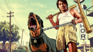 A close-up of a young man (as in the uploaded image) Dominates the right side of the frame, viewed from a low-angle perspective, giving him a powerful and imposing presence. He is wearing a simple white tank top (muscle shirt) and tan or light-yellow cargo shorts. He is holding a wooden baseball bat slung over his right shoulder. His expression is serious and determined.

JustinE the Rottweiler: Located on the left, chained to man. JustinE is in an aggressive stance, mouth wide open in a fierce snarl or bark, showing his teeth and tongue, with saliva visible. He is wearing a thick, heavy silver chain leash and collar, with a small circular dog tag visible that says "JustinE". The dog is large and muscular, facing the viewer.

Leash: A heavy-gauge silver metal chain connects JustinE's collar to man's hand.

Lighting: Strong, harsh daylight typical of Southern California, creating deep shadows and high contrast, enhancing the dramatic feel.

Background/Setting: A Southern San Andreas (Los Santos) street setting. The background is slightly blurred but suggests a hot, dry, urban environment with power lines/telegraph wires and a glimpse of an older vehicle (possibly a green van) in the lower-left corner. The sky is a bright, clear, light yellow-green color, indicative of a hot day.

hard shadows, and a distinct color palette typical of GTA loading screens and cover.

Highly detailed and rendered. Vibrant, cinematic.