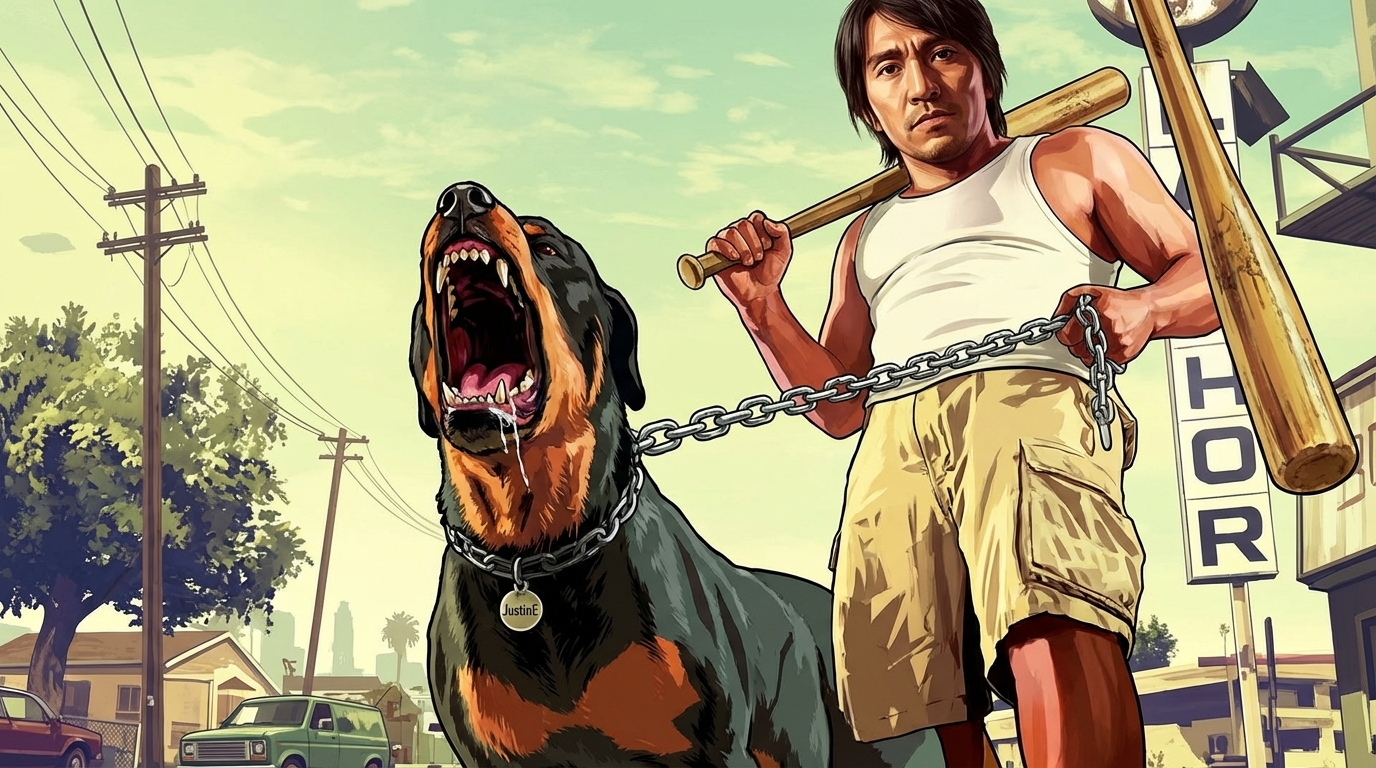 A close-up of a young man (as in the uploaded image) Dominates the right side of the frame, viewed from a low-angle perspective, giving him a powerful and imposing presence. He is wearing a simple white tank top (muscle shirt) and tan or light-yellow cargo shorts. He is holding a wooden baseball bat slung over his right shoulder. His expression is serious and determined.

JustinE the Rottweiler: Located on the left, chained to man. JustinE is in an aggressive stance, mouth wide open in a fierce snarl or bark, showing his teeth and tongue, with saliva visible. He is wearing a thick, heavy silver chain leash and collar, with a small circular dog tag visible that says "JustinE". The dog is large and muscular, facing the viewer.

Leash: A heavy-gauge silver metal chain connects JustinE's collar to man's hand.

Lighting: Strong, harsh daylight typical of Southern California, creating deep shadows and high contrast, enhancing the dramatic feel.

Background/Setting: A Southern San Andreas (Los Santos) street setting. The background is slightly blurred but suggests a hot, dry, urban environment with power lines/telegraph wires and a glimpse of an older vehicle (possibly a green van) in the lower-left corner. The sky is a bright, clear, light yellow-green color, indicative of a hot day.

hard shadows, and a distinct color palette typical of GTA loading screens and cover.

Highly detailed and rendered. Vibrant, cinematic.