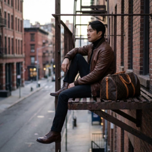 A male model, dressed in a brown bomber jacket, dark trousers, is perched on the edge of a fire escape platform. One leg dangles freely while the other is bent. He looks contemplatively into the distance. Monogrammed duffel bag rests nearby. Urban street background, soft ambient lighting.
Keep the face 100% exact same as I uploaded no alteration, no blurry.