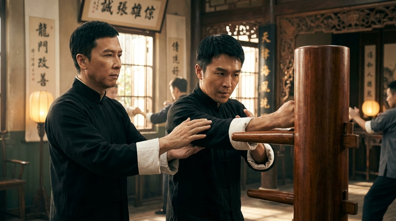 Create a hyper-realistic cinematic scene inside a traditional Wing Chun training hall. The man from the uploaded reference image is training at a wooden dummy with Ip Man standing beside him, personally correcting his technique. Keep both faces accurate to the reference image: exact skin tone, hairstyle, age, expression, and natural sweat on their skin.
Both wear classic black Wing Chun uniforms with white cuffs. Show Ip Man’s calm, focused guidance as he places his hands near the student’s arms on the wooden dummy. Capture the wooden dummy with polished texture and rich warm tones.
Include authentic Chinese decor: calligraphy scrolls, carved wooden frames, soft lantern light, and other students blurred in the background. Use shallow depth of field, warm natural lighting from the windows, and crisp detail on clothing and skin. The scene should feel like a still frame from an Ip Man movie, grounded, disciplined, and cinematic.