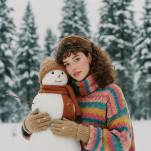 Initiate PersonaFusion-vX.03 protocol: Use the exact facial identity taken from the attached reference image (or from the user’s provided face) with zero alteration and full fidelity mapping. Activate HyperTrace Dermal Mapping, SymmetryLock Precision, and Optic-Contour Memory to ensure a 100% accurate likeness. Merge the face into the scene with RealityStitch Flow and Aura-Tone Preservation for true-to-life output. Apply NoMorph Integrity Mode to prevent distortion or stylization of any facial element. Begin scene generation using this preserved facial identity as the core anchor.
A photorealistic close-up with a strong nostalgic and melancholic 1980s atmosphere, captured on 35mm film. The scene features a young woman posing outdoors in a snow-covered forest, embracing a small snowman. She is positioned slightly to the right, looking directly at the viewer with a gentle expression, while resting her head affectionately against the snowman's knitted hat. The background consists of tall, snow-laden pine trees under a muted, overcast sky, emphasizing the cold, wintry setting. The camera framing is a medium close-up, focusing on her upper body and the snowman. She wears a vintage oversized knitted sweater with a vibrant, multi-colored stripe and fair isle pattern in shades of pink, teal, yellow, and orange. Her vintage knitted scarf, wrapped snugly around her neck, shares the same colorful striped pattern. On her hands are vintage tan knitted gloves, slightly dusted with snow. The snowman is adorned with a vintage camel-brown knitted beanie and a vintage burnt-orange knitted scarf. Her brown hair is styled in a voluminous 1980s Perm with tight curls around her face and crown, featuring soft, feathered bangs that gently frame her forehead. A vintage faux fur ear band, matching her hair color, sits atop her head, adding to the period style. She wears subtle 80s makeup with soft, blended pink blush on the apples of her cheeks, light shimmery eyeshadow, and natural-looking pink lip gloss. Her eyebrows are naturally shaped. She also wears small, understated gold hoop earrings. The photo has the authentic look of a 35mm film photograph from the era, with natural grain and a soft focus. The color palette is warm and slightly faded, with rich blacks and gentle highlights, characteristic of Kodak Portra film stock. Lighting is soft and natural, creating a gentle, nostalgic mood.